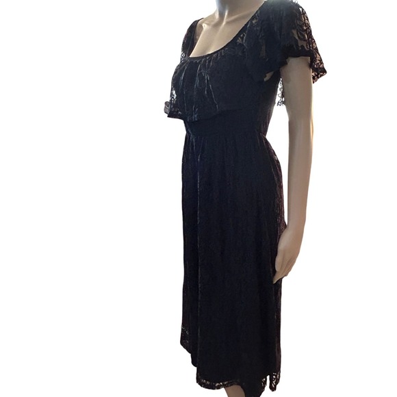 Womens Black Lace Midi Dress Romantic Goth Dark Cottagecore Flutter Sleeve XS - Picture 3 of 12